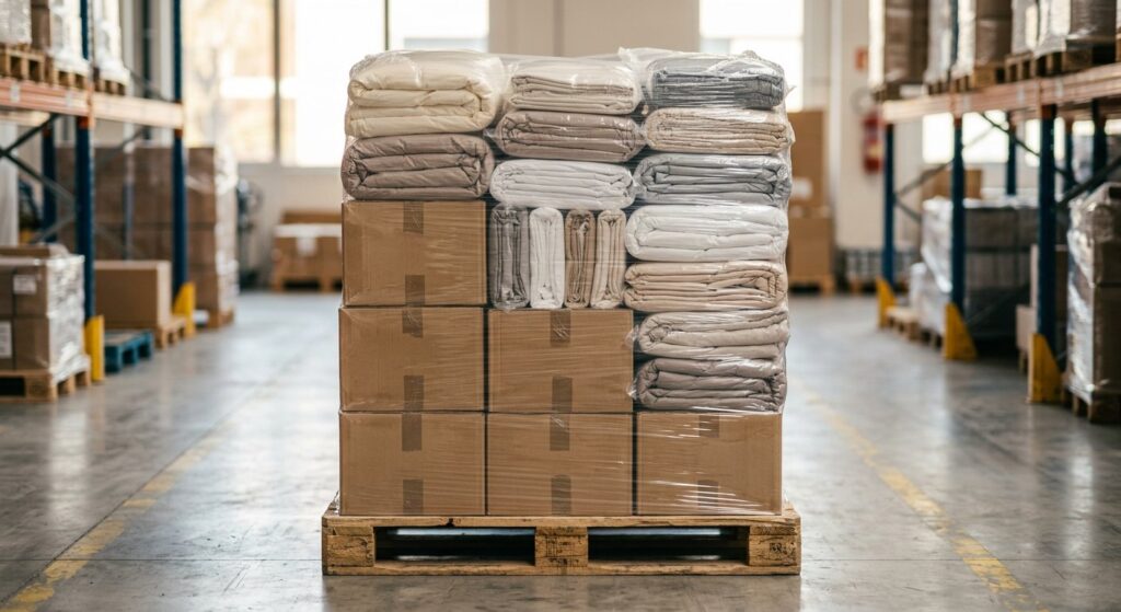 AI-generated illustration of Bedding & Home Textiles Pallet; not actual stock