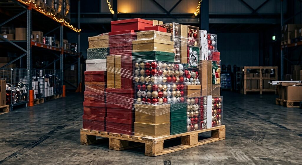 AI-generated illustration of Christmas & Party Seasonal Merchandise Pallet; not actual stock