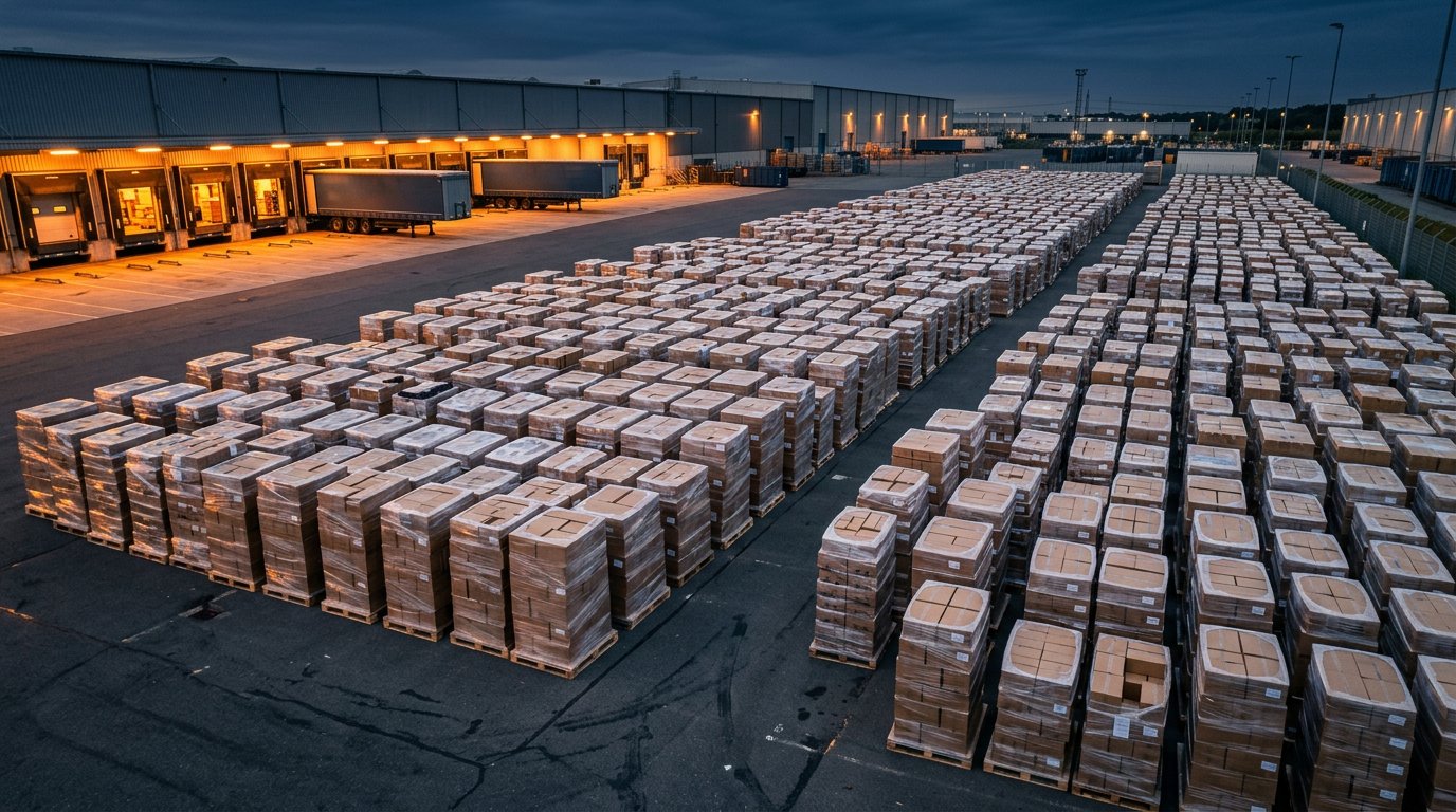 AI-generated illustration of Full Truckload — Apparel & Footwear Freight Lot; not actual stock