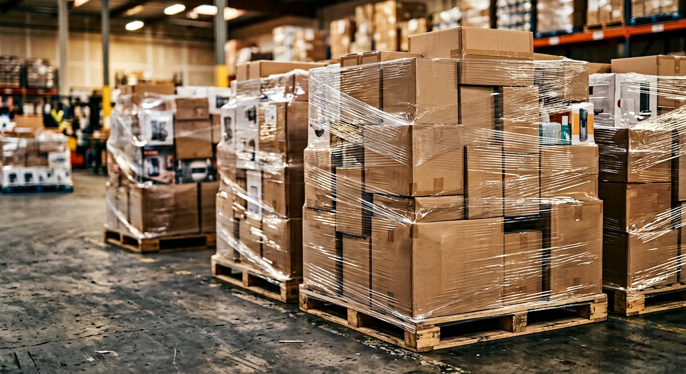 Wrapped pallets in dry warehouse storage ready for resale