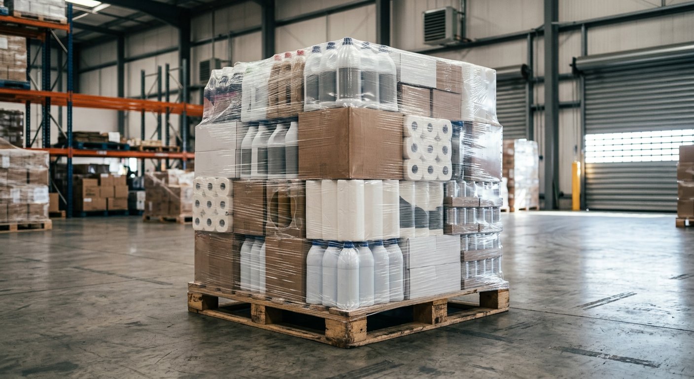 AI-generated illustration of Household Essentials Overstock Pallet; not actual stock