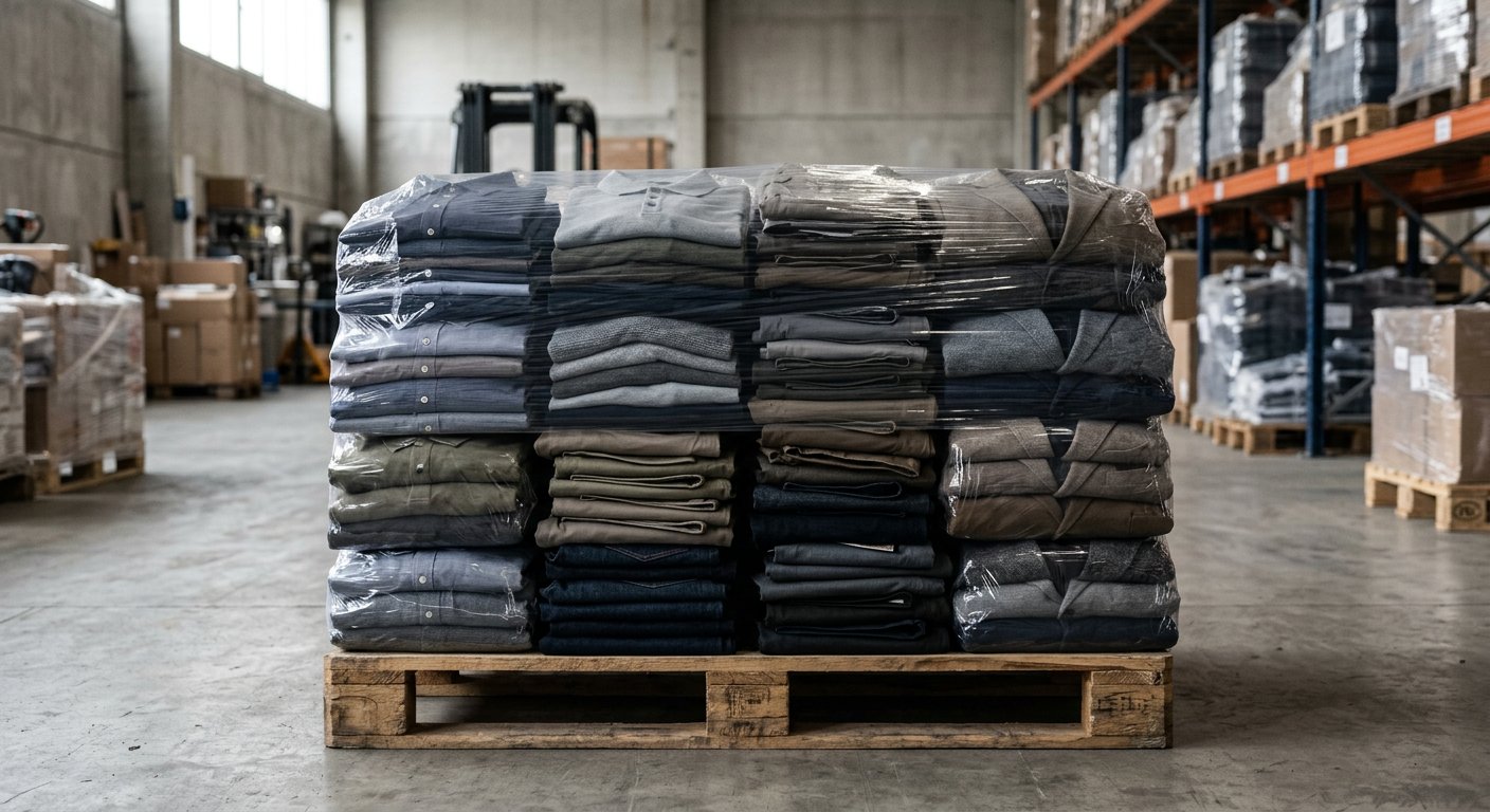 AI-generated illustration of Men's Clothing Mixed Pallet; not actual stock