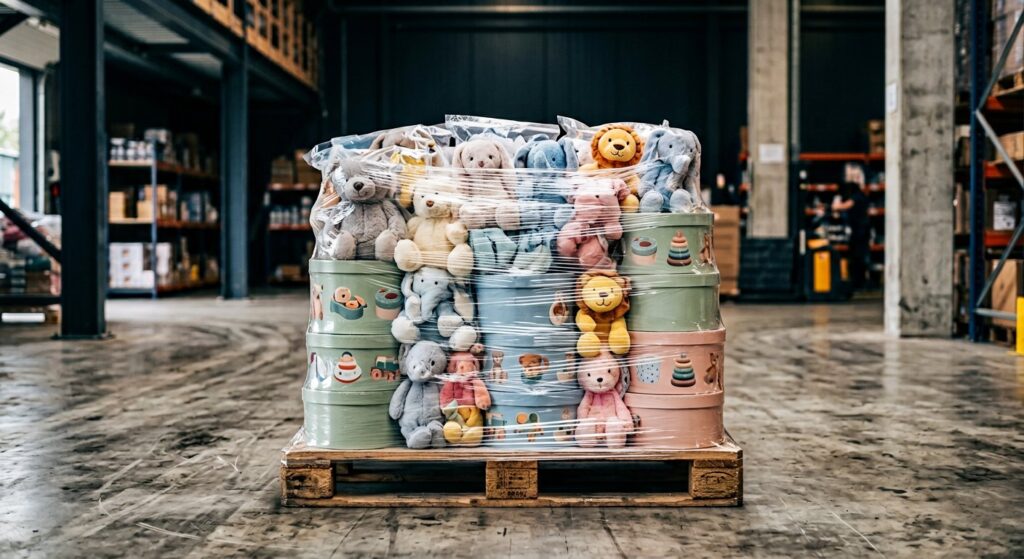 AI-generated illustration of Soft Toys & Early Play Pallet; not actual stock